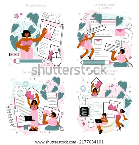 Typersetter concept set. Website constructing. Process of creating website, coding, programming, constructing interface and creating content. Flat vector illustration