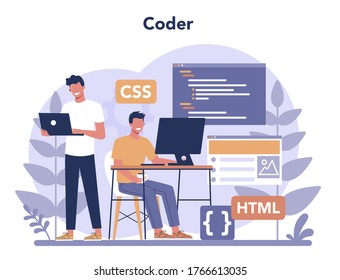 Typersetter concept. Website constructing. Process of creating website, coding, programming, constructing interface and creating content. Isolated vector illustration