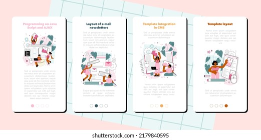 Typersetter mobile application banner set. Website constructing. Process of creating website, coding, programming, constructing interface and creating content. Flat vector illustration