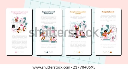 Typersetter mobile application banner set. Website constructing. Process of creating website, coding, programming, constructing interface and creating content. Flat vector illustration