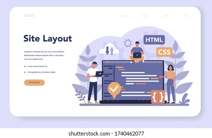 Typersetter web banner or landing page. Website constructing. Process of creating website, coding, programming, constructing interface and creating content. Isolated vector illustration