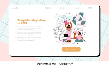 Typersetter web banner or landing page. Website constructing. Process of creating website, coding, programming, constructing interface and creating content. Flat vector illustration