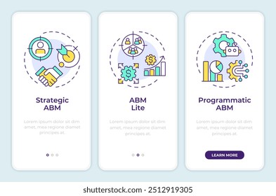 Types of abm onboarding mobile app screen. Account marketing. Walkthrough 3 steps editable graphic instructions with linear concepts. UI, UX, GUI template