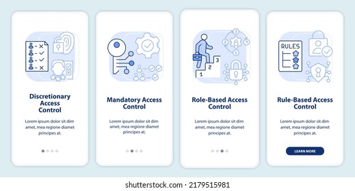 Types of access control light blue onboarding mobile app screen. Walkthrough 4 steps editable graphic instructions with linear concepts. UI, UX, GUI template. Myriad Pro-Bold, Regular fonts used