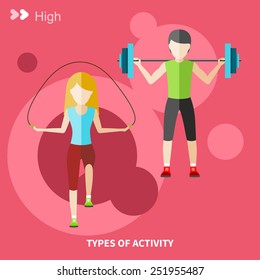 Types of activity. High, normal, low and average active. Healthy lifestyles daily routine tips stick figure in flat design style on banner