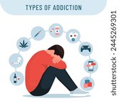 Types of addiction infographic with icons and depressed man, mental disorders concept
