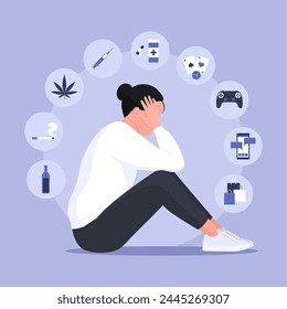 Types of addiction infographic with icons and depressed woman: mental disorders concept