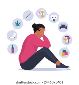 Types of addiction infographic with icons and depressed woman: mental disorders concept