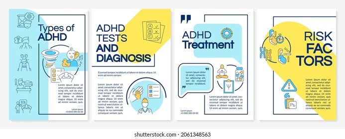 Types of ADHD brochure template. Treatment and risk factors. Flyer, booklet, leaflet print, cover design with linear icons. Vector layouts for presentation, annual reports, advertisement pages