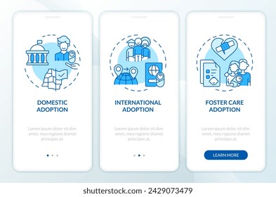 Types of adoption blue onboarding mobile app screen. Child custody walkthrough 3 steps editable graphic instructions with linear concepts. UI, UX, GUI template. Myriad Pro-Bold, Regular fonts used
