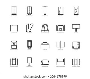 Types of advertising banners vector icon set in outline style
