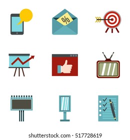 Types of advertising icons set. Flat illustration of 9 types of advertising vector icons for web
