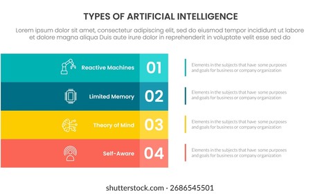 Infografía de inteligencia artificial Plantilla de etapa de 4 puntos con gran pila de Vertical de caja rectangular en el diseño izquierdo para el Vector de presentación de diapositivas