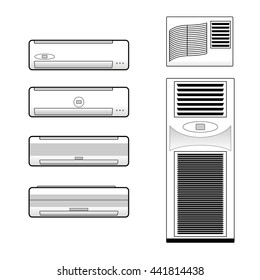 Types of air conditioners icons set vector stock. Conditioners black icons on white background isolated.