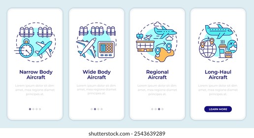 Tipos de aeronaves que incorporan la pantalla del App móvil. Instrucciones gráficas editables de 4 pasos con conceptos lineales. PLANTILLA UI, UX, GUI