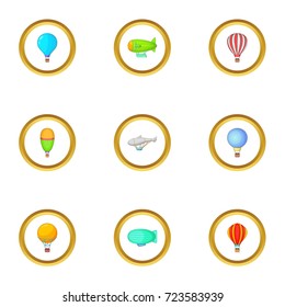 Types of airship icons set. Cartoon style set of 9 types of airship vector icons for web design