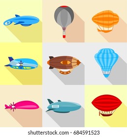 Types of airship icons set, flat style