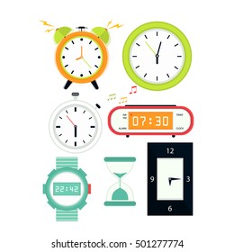 Types of alarms clocks, digital watch and timer, stopwatch and hourglass. Symbol of time. Flat style illustrations isolated on white.