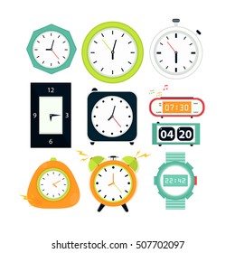 Types of alarms clocks, digital watch and timer, stopwatch and hourglass. Symbol of time. Flat style illustrations isolated on white.