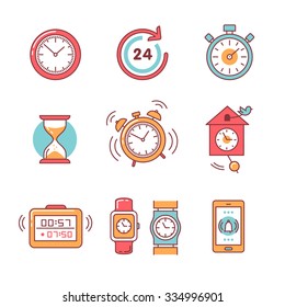 Types of alarms clocks, timers and watches set. Thin line art icons. Flat style illustrations isolated on white.