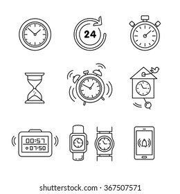 Types of alarms clocks, timers and watches set. Thin line art icons. Linear style illustrations isolated on white.