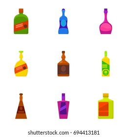 Types of alcohol bottle icons set. Cartoon set of 9 types of alcohol bottle vector icons for web isolated on white background