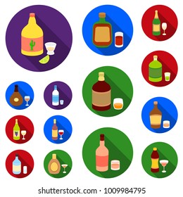 Types of alcohol flat icons in set collection for design. Alcohol in bottles vector symbol stock web illustration.