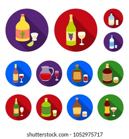 Types of alcohol flat icons in set collection for design. Alcohol in bottles vector symbol stock web illustration.
