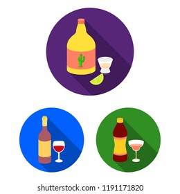 Types of alcohol flat icons in set collection for design. Alcohol in bottles vector symbol stock web illustration.