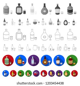 Types of alcohol flat icons in set collection for design. Alcohol in bottles vector symbol stock web illustration.