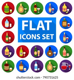 Types of alcohol flat icons in set collection for design. Alcohol in bottles vector symbol stock web illustration.