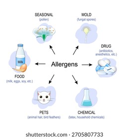 Types of Allergens. Environmental triggers of allergy. Antigens. Vector illustration