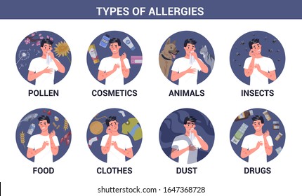 Types of allergies infographics set. Runny nose and itchy skin. Seasonal disease. Causes of allergy. Isolated vector illustration in cartoon style