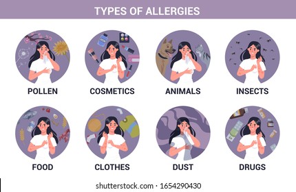 Types of allergies infographics set. Runny nose and itchy skin. Seasonal disease. Causes of allergy. Isolated vector illustration in cartoon style