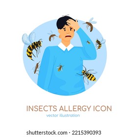 Types of allergy. Allergies caused by insect bites. Allergic reaction around the sting. Creative medical icon in cartoon style. Editable vector illustration isolated on a white background. 