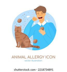 Types of allergy. Allergies caused by house cats. Runny and stuffy nose. Creative medical icon in cartoon style. Editable vector illustration isolated on a white background.