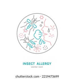 Types of allergy. Allergies caused by insect bites. Allergic reaction around the sting. Creative medical icon in outline style. Editable vector illustration isolated on a white background. 