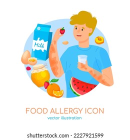 Types of allergy. Allergies caused by certain foods. Immune system reaction. Abnormal body response. Creative medical icon in cartoon style. Editable vector illustration isolated on white background.