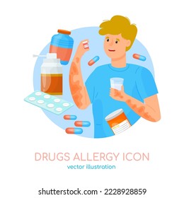 Tipos de alergia. Alergias causadas por ciertos medicamentos. Reacción del sistema inmune. Respuesta corporal anormal. Icono médico creativo al estilo de las caricaturas. Ilustración vectorial editable aislada en fondo blanco.