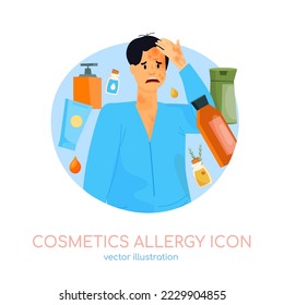 Allergien. Durch bestimmte kosmetische Mittel verursachte Allergien. Immunsystem-Reaktion. Abnormales körperliches Ansprechen. Medizinische Ikone im Cartoon-Stil. Vektorgrafik einzeln auf weißem Hintergrund.