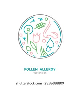 Types of allergy. Allergies caused by pollen from wind-pollinated plants. Runny and stuffy nose. Creative medical icon in outline style. Editable vector illustration isolated on a white background.