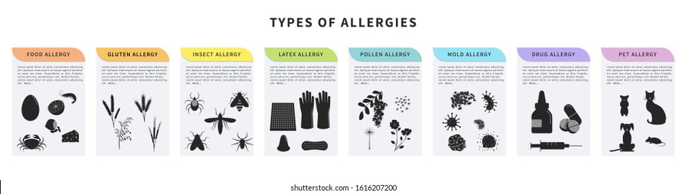 Types of allergy vector illustration. Animal hair, latex, drugs, insect, food, gluten, pollen allergy. Banner template with different allergens. Design concept for infographic