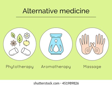 Types of alternative medicine as set of linear vector icons. Phytotherapy, aromatherapy and massage emblems for design.