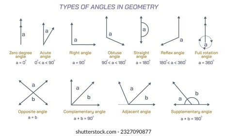 Types of angle vector illustration. Geometry is a branch of mathematics concerned with properties of space such as the distance, shape, size, and relative position of figures. Algebraic, euclidean