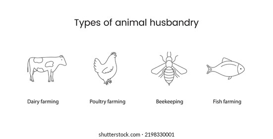 Arten der Tierhaltung Linie Vektorsymbol Kuh, Huhn, Biene und Fisch.