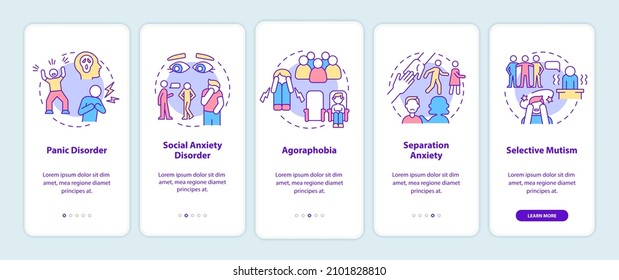 Types of anxiety disorders onboarding mobile app screen. Mental illness walkthrough 5 steps graphic instructions pages with linear concepts. UI, UX, GUI template. Myriad Pro-Bold, Regular fonts used