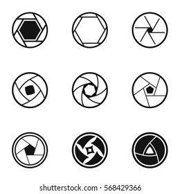 Types of aperture icons set. Simple illustration of 9 types of aperture vector icons for web