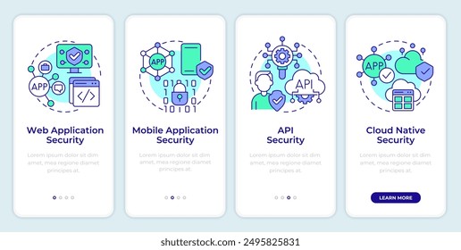 Types of application security onboarding mobile app screen. Walkthrough 4 steps editable graphic instructions with linear concepts. UI, UX, GUI template