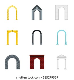 Types of arches icons set. Flat illustration of 9 types of arches vector icons for web