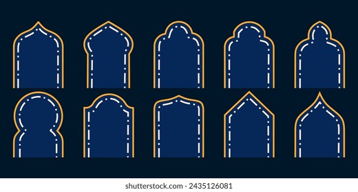 Types of Architectural Designs in Arches in Middle Eastern and Islamic Culture. Set of Door and Window Arch Designs in Blue and Yellow Gold Colors isolated on a Dark Blue Background